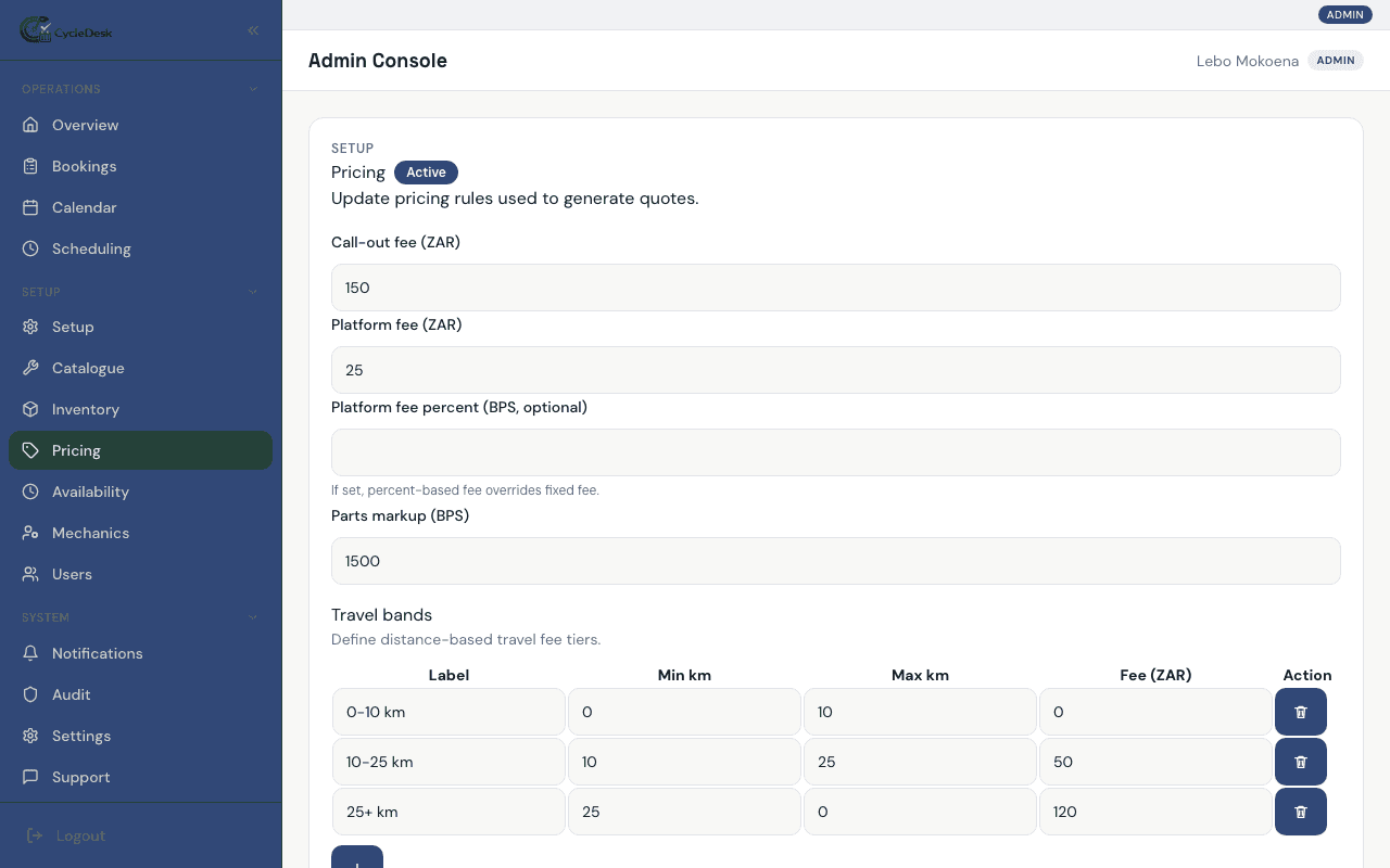 Pricing engine screenshot